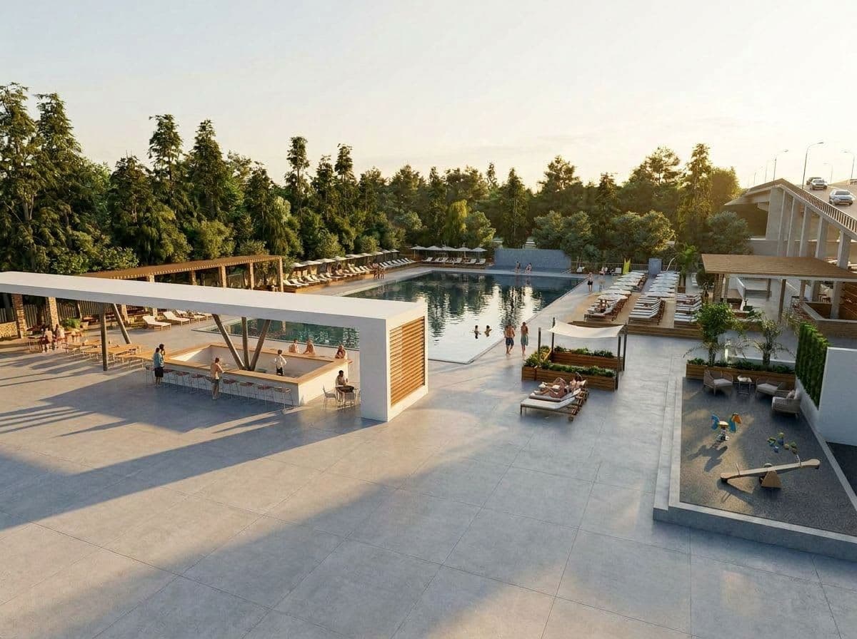 Воздушен поглед на базенски комплекс во Велес со базен, pool bar и зони за одмор