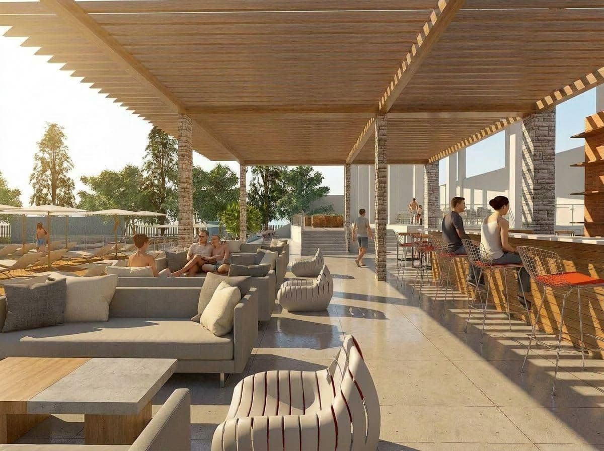 Зона за одмор под дрвена пергола со фотелји и pool bar